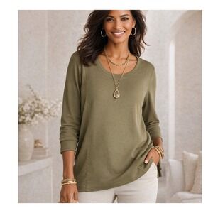 Chico's The Ultimate Tee Women XL Size 3 Green Pima Cotton Pockets Long Sleeve